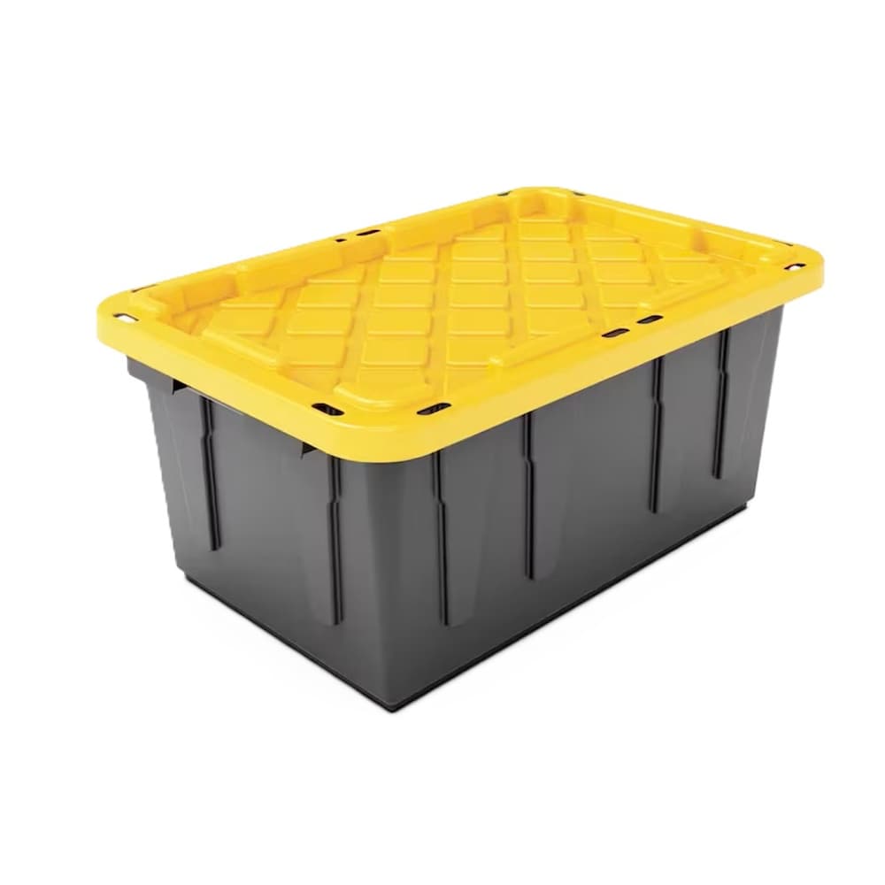 Home Depot HDX 102 L 强塑箱立体实物图,展示黄色箱盖与黑色箱体的顶部及两侧